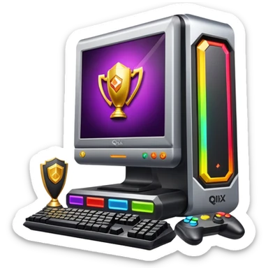 Gaming computer with qbix88 logo, popular online gaming platform with trophy and expert player badge sticker