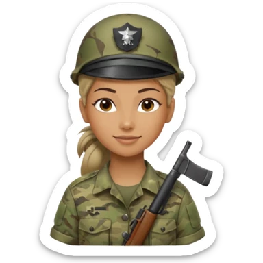 Apple emoji look — female soldier, no cap/helmet, bust, neutral smile, generic camo shirt, hair tied back, soft gradients, no weapon sticker