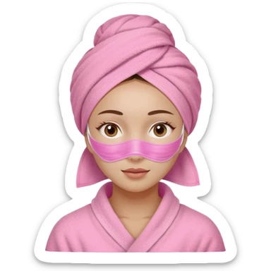 Girl with pink towel on her head and a pink facial mask spa sticker