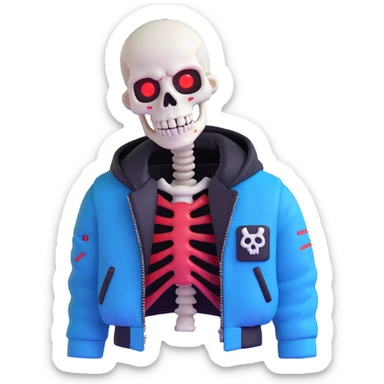 Error Sans, a skeleton character with a glitchy, corrupted appearance, blue and red eye, wearing a black jacket, inspired by Undertale, 3D emoji style sticker