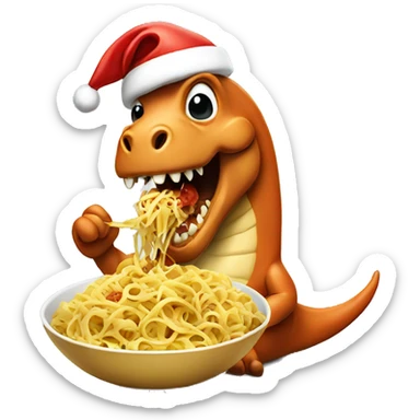 A santa dino eating pasta sticker