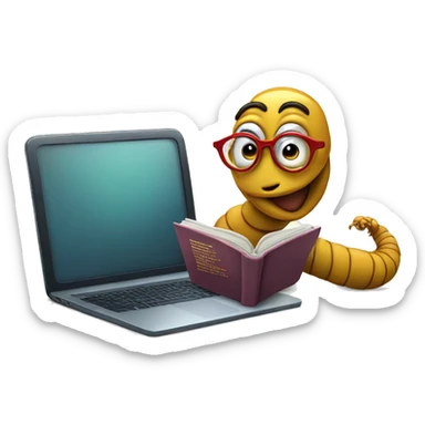 worm with glasses reading a book witha computer sticker