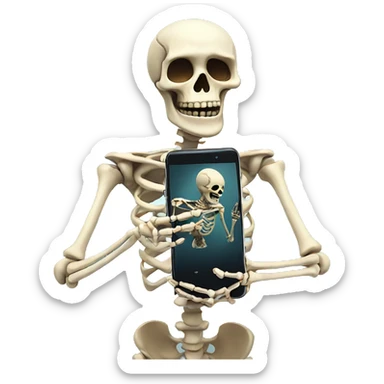 Skeleton smiles and looks at smartphone sticker
