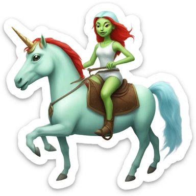 [politically incorrect
	{ woman: alien, color: light green, hair:red, eyes:cat} ]
	on a 
	[{ unicorn: white, legged:four, mane: light blue }] sticker