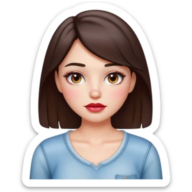 “Emoji brunette girl white top, dewy skin, heavy blush across cheeks and nose bridge, glossy cherry lips, soft eyeliner, teary sparkling eyes like hanni from new jeans sticker