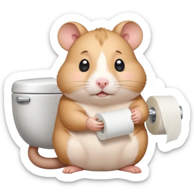 Cute chubby cartoon-style hamster sitting on toilet holding toilet paper looking as if he had an accident, sticker-style illustration sticker