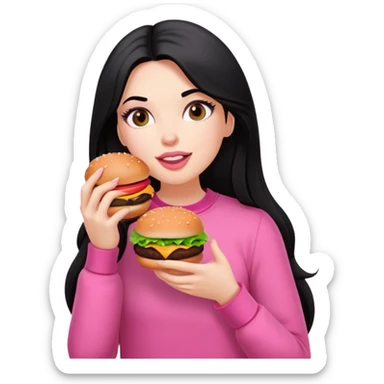 White girl in pink clothes and long black hair eating burger sticker