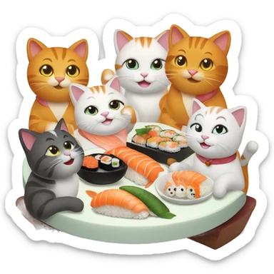four HAPPY cats having SUSHI DINNER sticker