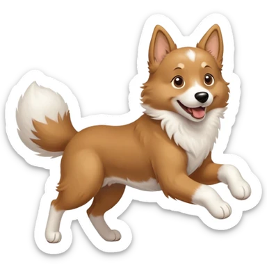 Tan dog, large breed, one paw to his elbow white and the other one just the paw white, ears up, fluffy tail, running  sticker