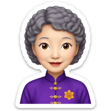 Chinese woman 73 years old, warm smiling expression, short gray perm, brown eyes, elegant dark purple qipao sticker