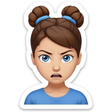 Girl with blue eyes, brown hair in a bun, angry sticker