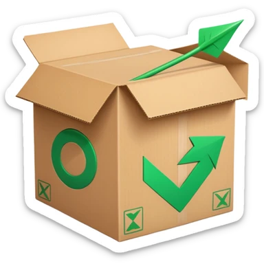 closed package box with a green checkmark and a circular arrow overlay in the upper right sticker
