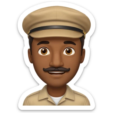 A dark-skinned man with a beige cap, brown eyes, and a thin black mustache. sticker