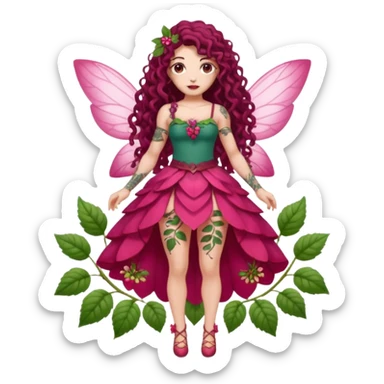 full body woman long curly brown hair brown eyes white skin tattoos muscular build raspberry fairy outfit, petal skirt, thigh vines sticker