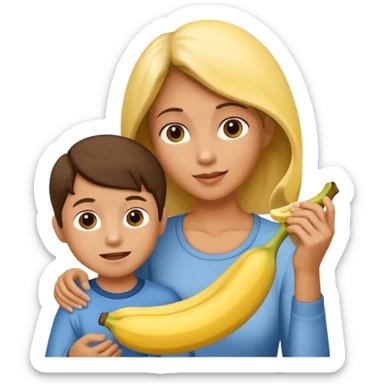 create a mother and boy mother giving banna to his son sticker