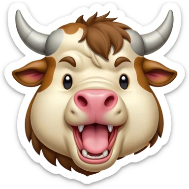Cinematic Cute Yawning Domestic Bull Portrait Emoji, Head tilted slightly with a dramatic, wide-open yawn, showcasing a robust, muscular frame with a soft, downy coat and subtly drooping horns, round eyes barely open in drowsy contentment, Simplified yet irresistibly adorable features, highly detailed, glowing with a soft, cozy natural glow, high shine, relaxed yet expressive, stylized with a dash of rustic whimsy, soft glowing outline, capturing the essence of a sleepy yet affectionate domestic bull that seems ready to stretch out and settle for a nap! sticker