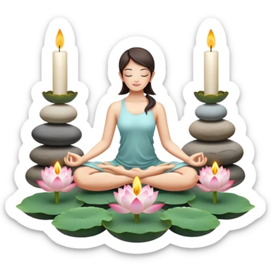 A photorealistic icon featuring a peaceful meditation pose, lotus flowers, candles, and calming natural elements like stones and incense. Soft, tranquil colors with detailed textures and lighting that convey a sense of calm and mindfulness. Transparent background. sticker
