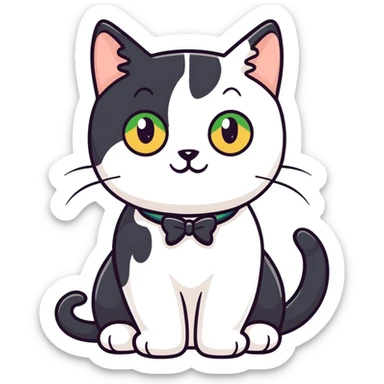 Female Tuxedo domestic short hair, more white than black similar to a cow, green/gold eyes sticker