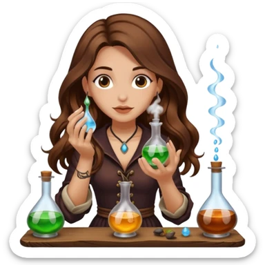 alchemist woman long wavy brown hair tattoos tasting potion drop sticker