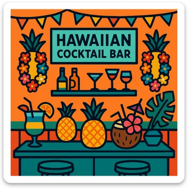 a Hawaiian cocktail bar, featuring pineapples, leis, and island-inspired decorations sticker