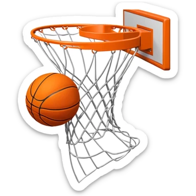 A close-up shot of a basketball soaring through the air and perfectly swishing into the basketball net. The ball is in mid-motion, with the net gently moving as the ball makes contact. The background shows a vibrant court with clear markings, capturing the excitement of a successful shot sticker