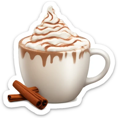 beige mug of hot chocolate with whipped cream and cinnamon sticker