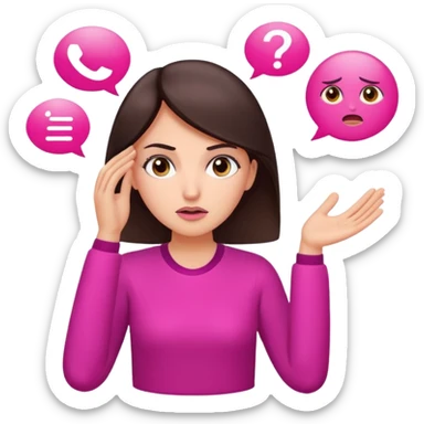 Social media manager. She has dark brown hair, brown eyes, , confused expression, raised eyebrows, questioning face, one hand on the head as if not understanding analytics.. Use vibrant colors with a focus on pink and fuchsia tone sticker