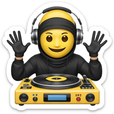 Make a customized yellow head emoji with hands and holding a dj turn table  in a  ninja face mask sticker