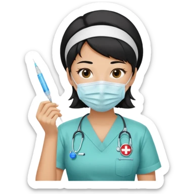 a modern day asian woman nurse holding a vaccination needle sticker