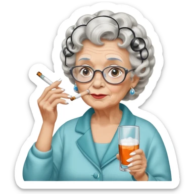 A grandma with hair curlers in while smoking and drinking with white powder under her nose sticker
