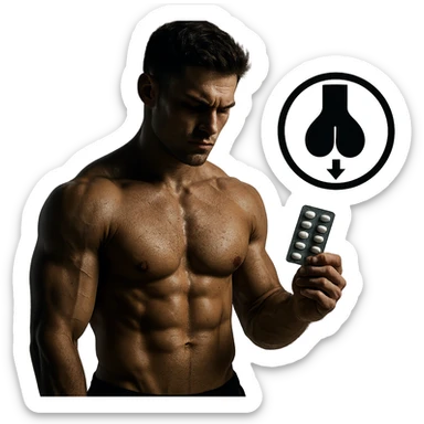 muscular young man with blister pack of pills and symbol of shrunken testicles highlighted, dark atmosphere, hyper realistic details, isolated on white background sticker