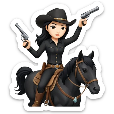 confident Asian woman with long black hair wearing black outfit riding a horse cowgirl style with a pistol sticker