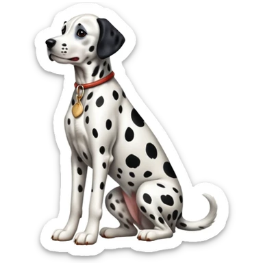 cinematic-[dalmatian dog]-realistic-full-body-sitting-emoji,-tail-resting-loosely-beside-its-paws,-head-tilted-dramatically,-sleek-[spotted]-fur,-simplified-yet-realistic-focused-features,-highly-detailed,-glowing-with-an-almost-sarcastic-glow sticker