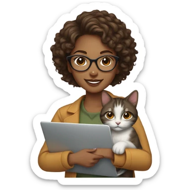 
"Young woman with medium brown skin tone, short curly hair, wearing glasses, with a friendly smile, holding a laptop in one hand and a cat in the other." sticker