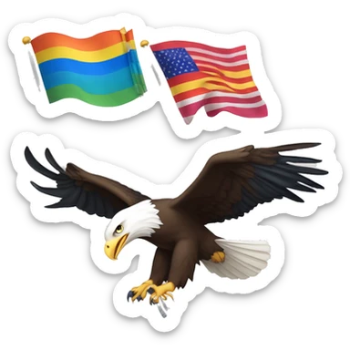 bald eagle in flight grasping three different flags: 1. pride flag, 2. trans flag, and 3. earth flag with talons  sticker