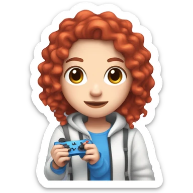 a white girl with long red curly hair, wearing periwinkle Minecraft hoodie holding a controller sticker