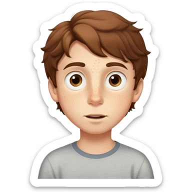A young boy with wavy brown hair, large expressive eyes, and freckles across his cheeks. He has a curious and adventurous expression, with slightly raised eyebrows and a gentle smile, light skin sticker