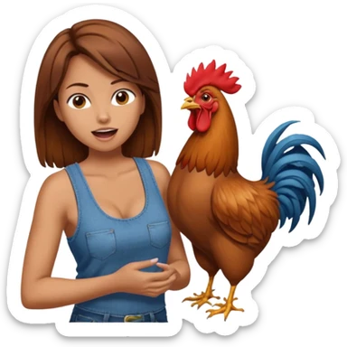 Kneeling Brown hair very large boob Woman open mouth tank top, wearing jeans touching one rooster sticker