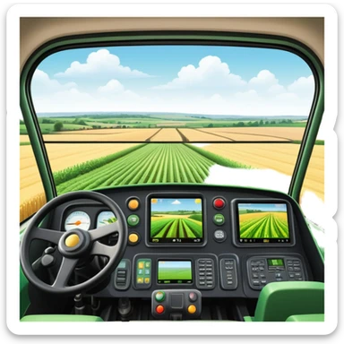 a view from the tractor cabin, with the dashboard in focus, overlooking a vibrant rural landscape. Inspired by Farming Simulator 22, the scene includes fields, crops, and distant barns under a bright sky. The design highlights the immersive experience of farm management. transparent background sticker