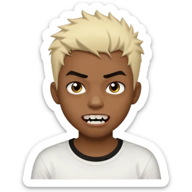 Black Male Teenager with Short punk messy blonde hair, Dark brown bushy eyebrows large expressive golden-brown eyes, wearing a plain white t-shirt, Dark Brown skin color. vampire tooth sticker