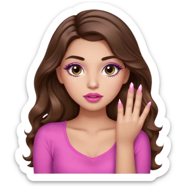 girl with long wavy brown hair, brown eyes, light to medium complexion, in a pink sexy top, pink lips, long lashes, puckered lips, showing my nails sticker