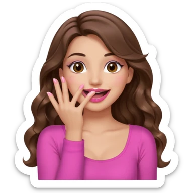 girl with long wavy brown hair, brown eyes, long lashes makeup, pink lips, light to medium complexion, pink sexy top, smiling, hand covering the mouth, giggling sticker