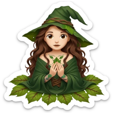 cute forest witch woman long wavy brown hair tattoos wrapped in leaf blanket sticker