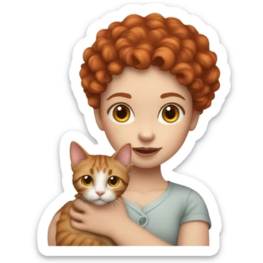 Pale skin Red hair curly girl holding tabby cat sticker