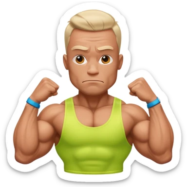 male memoji, ridiculous bodybuilder, tiny head, huge uneven muscles, cheap neon tank top, fake tan, dumb empty stare, caricature style sticker