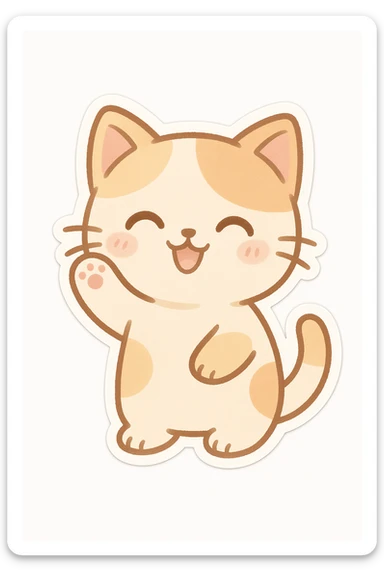chibi sticker of a happy cat waving, pastel colors, cute expression, white background sticker