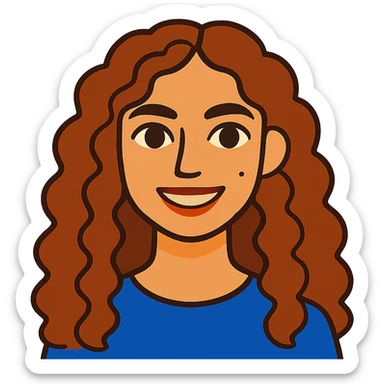 vibrant illustration of a girl with long curly brown hair (not too dark), intense dark brown eyes, clear skin (neither pale nor tan), mole on right cheek, smiling sticker