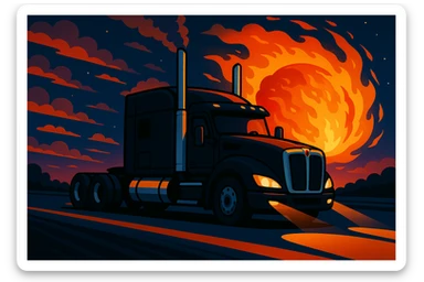 Add a large, dramatic cartoon fireball behind the black Kenworth T680 Flat Top semi sleeper as it drives down the highway at night, keeping the vibrant cartoon style, smoke still coming from the stacks. sticker