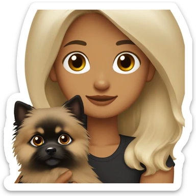 blonde girl, medium-length hair, gray eyes holding a black and tan Pomeranian Spitz in her arms sticker