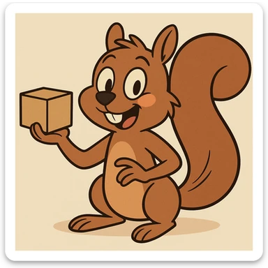 playful squirrel holding a small box with one hand, fun and friendly style sticker